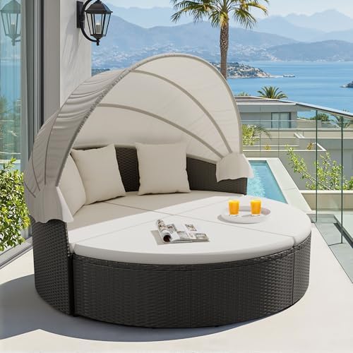 Outdoor Furniture Rattan - パティオ家具 屋外用ラウンドデイベッド 格納式キャノピー付き ウィッカーラタン 分離型シーティングセクショナルソファ