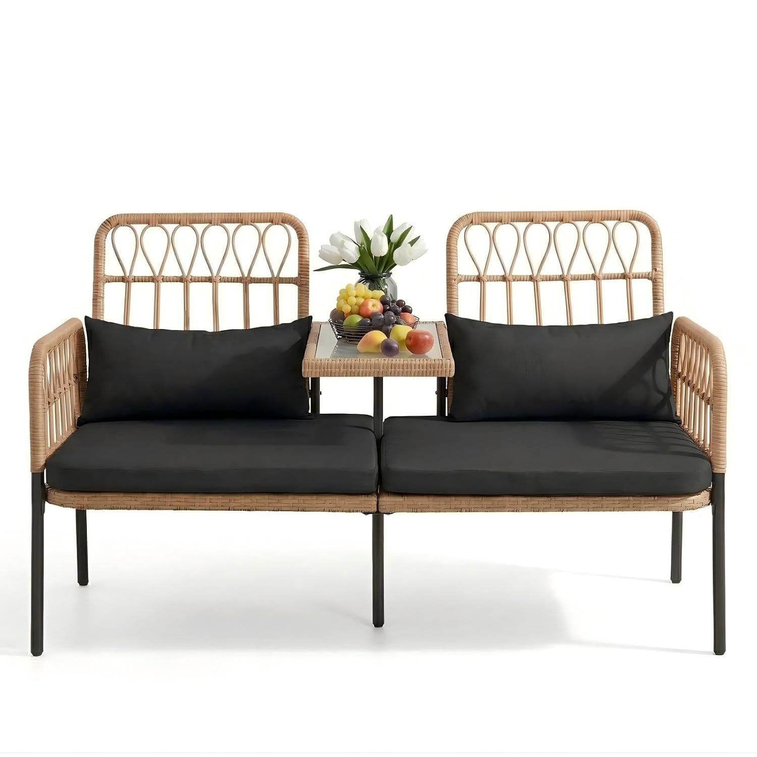 Outdoor Furniture Rattan - ラタン製二人掛けソファとガラステーブル、腰枕とクッション付きの2人掛け籐製パティオ家具、屋外バルコニー用、カスタマイズ可能