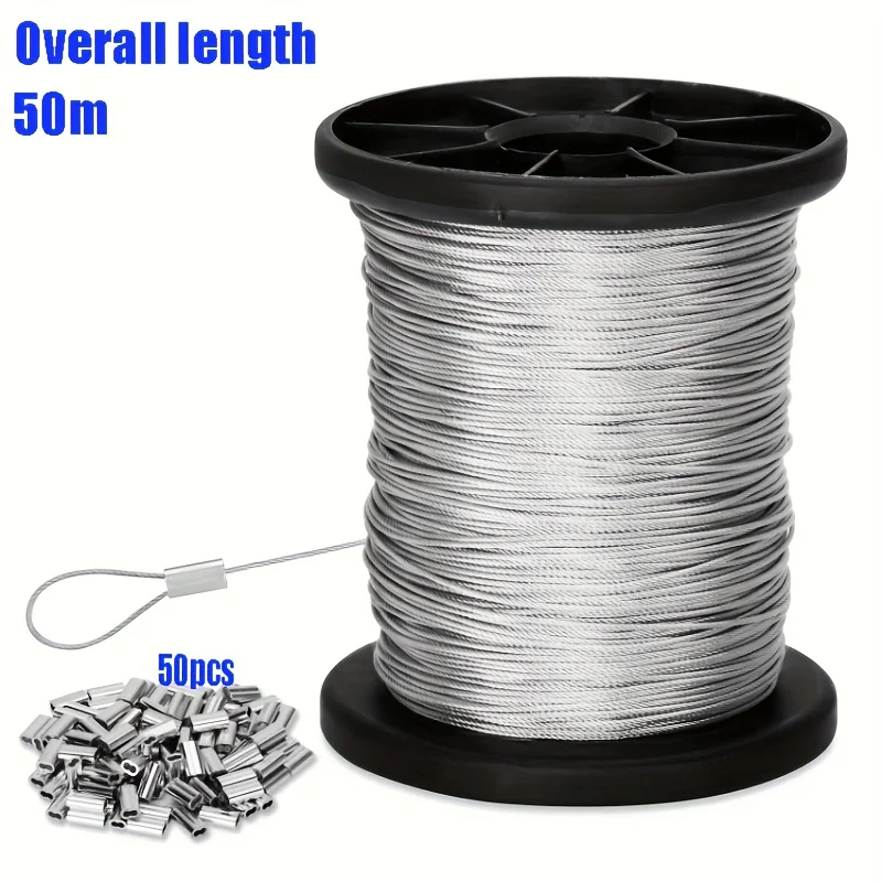 Outdoor Furniture Rope - 50m/196ft ステンレス鋼ワイヤーロープ、50個のアルミクリンプ付き、7x7ストランドコア304ケーブル、屋外吊り下げ、物干し、庭用