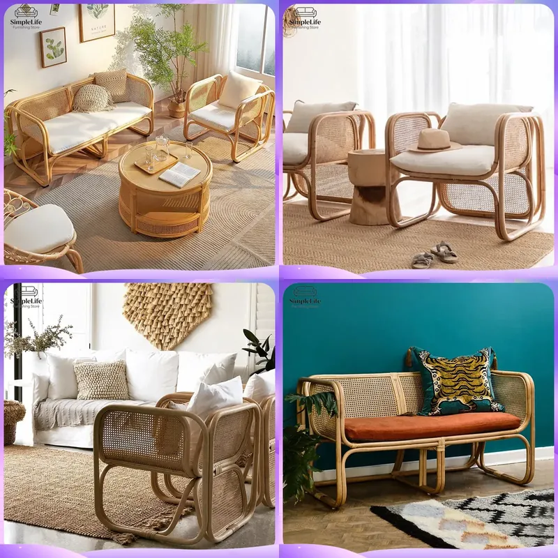 Outdoor Furniture Japanese Style - 和風ラタン屋外ソファセット、バルコニーガーデンパティオ家具、籐製セクショナルソファ、アームレスト付きラウンジチェア