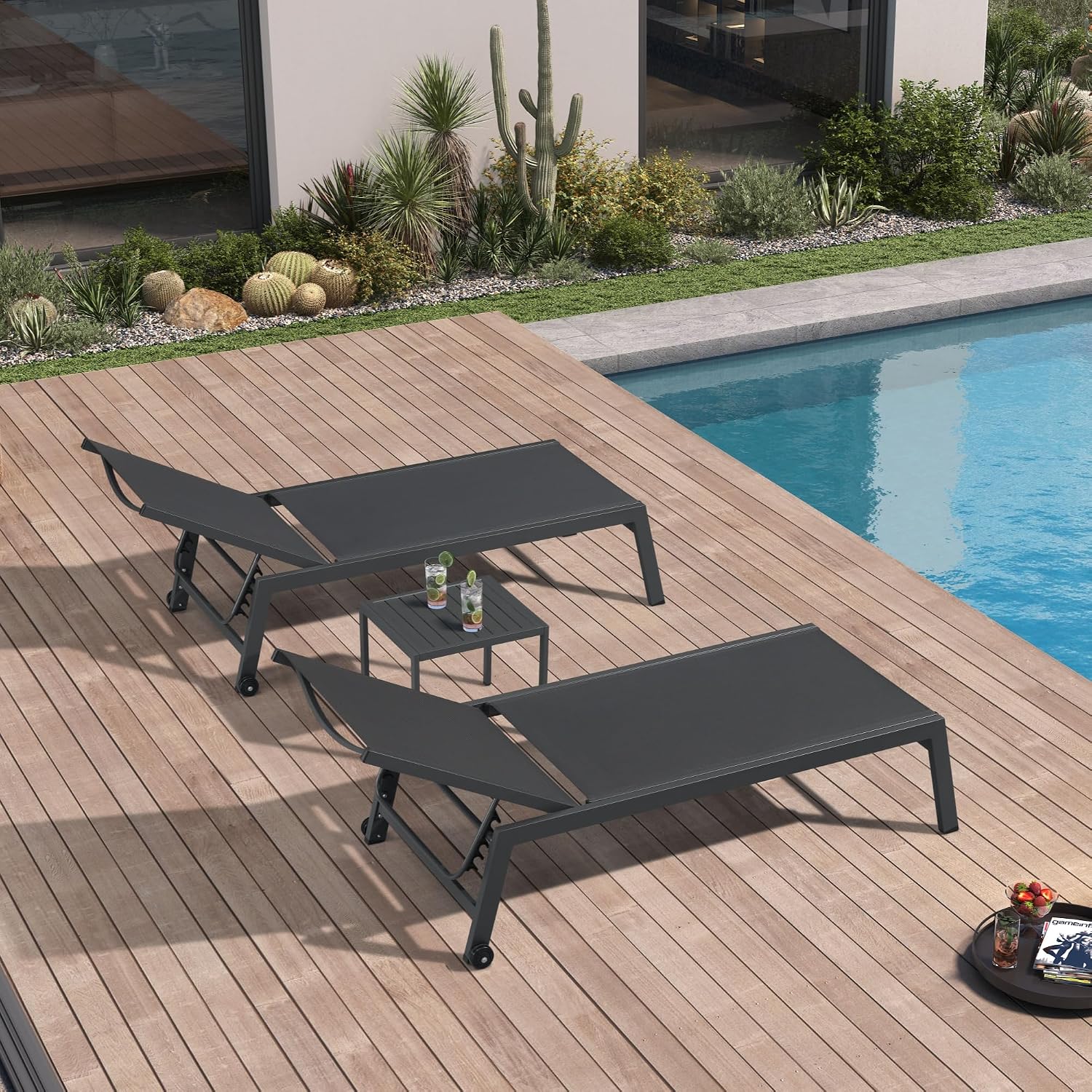 Outdoor Furniture Recliner Set - ワイドパティオラウンジチェア2脚セット、サイドテーブル付き、グレー、5段階リクライニング、速乾性テキスタイル、防錆アルミニウム、2輪、カスタマイズ可能