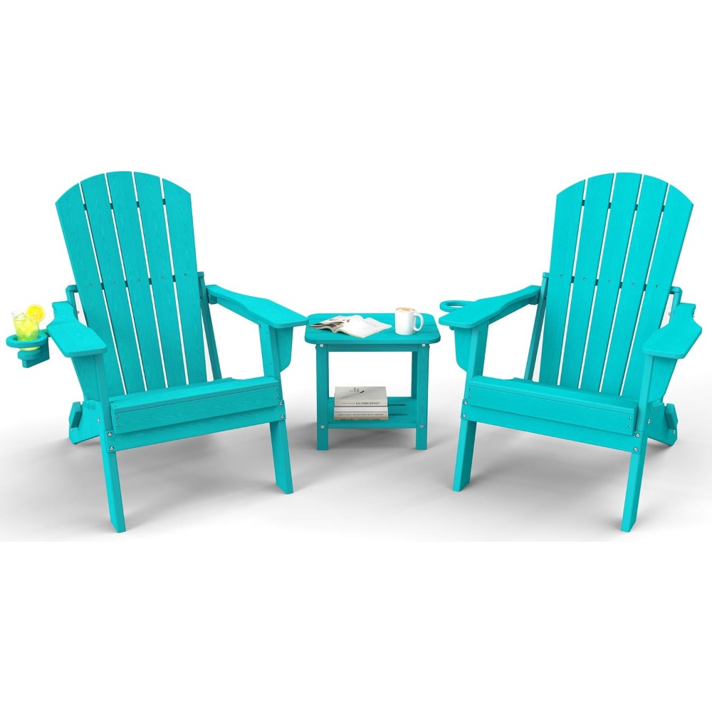 Adirondack Chair Wood - 3ピース折りたたみ式アディロンダックチェアセット - 背もたれ高さ38インチ、エンボス加工の木目調、特大HDPEパティオ家具、カスタマイズ可能