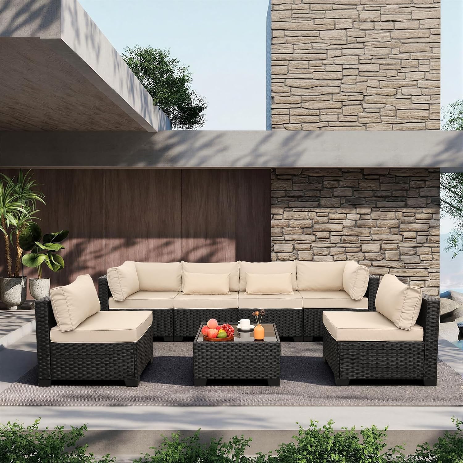 Outdoor Furniture Rattan - 7ピース屋外用PEウィッカーラタンセクショナルソファセット、カーキ色のクッションとガラストップテーブル（パティオ用）、カスタムメイド