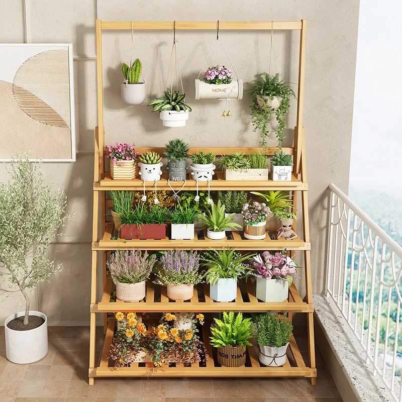 Outdoor Furniture Design - 無垢材フラワーシェルフ植物棚多層折りたたみ独創性デザイン植物棚バルコニー屋外家具サポート