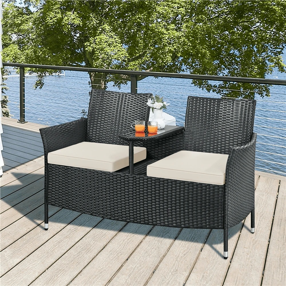 Outdoor Furniture Durable - プレミアムアウトドアダブルチェア 2人掛け PEラタン製パティオ会話用家具セット 耐荷重385ポンド 強化ガラス製テーブル クッション付き