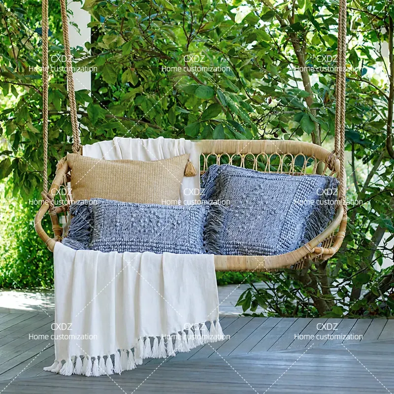 Outdoor Furniture Japanese Style - 屋外用ダブルハンギングラタンチェア バリスイングバスケットクレードル バルコニー・パティオ・ガーデン用 和風ホームステイ家具