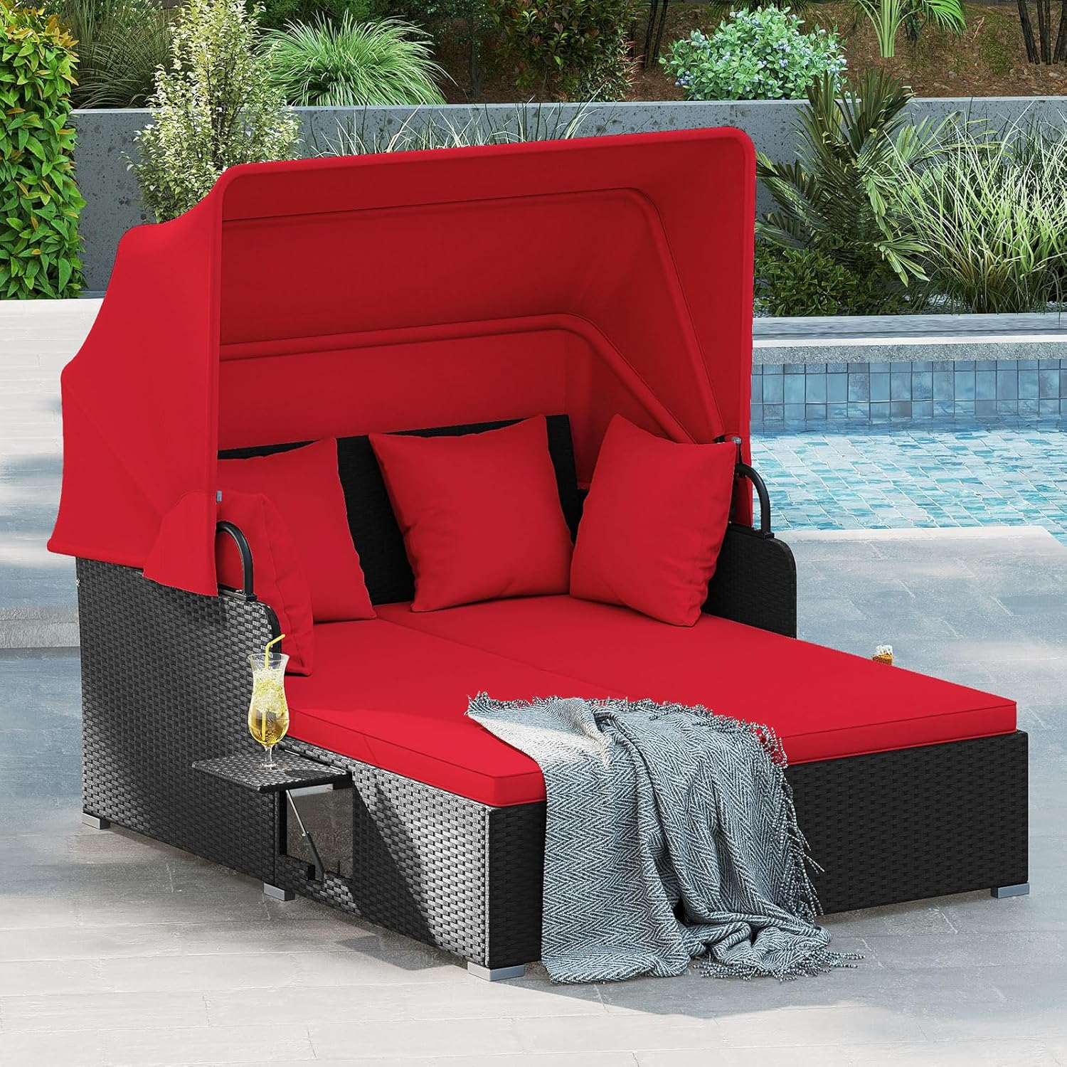 Outdoor Furniture Rattan - 2人用ラタン製屋外デイベッド、キャノピー、クッション、枕4個、折りたたみ式サイドトレイ2個付き、パティオ、庭、プールサイド、バルコニー用、カスタマイズ可能