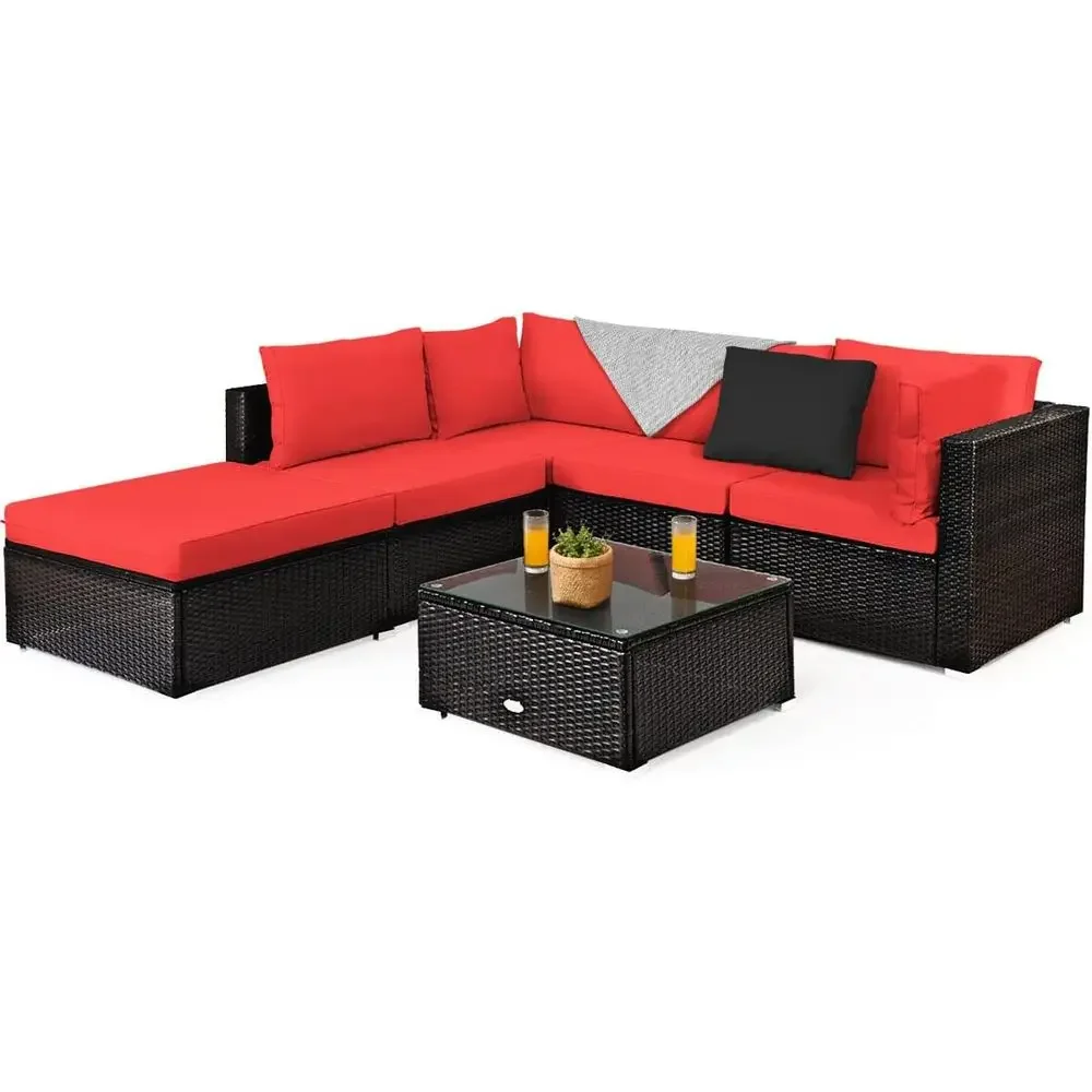 Outdoor Furniture Durable - 6点セットの屋外パティオ家具セット、コーヒーテーブル、耐久性のあるスチールフレーム、赤色のPEラタンウィッカー付き