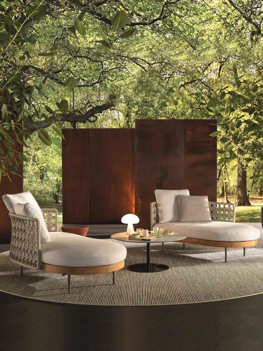 Outdoor Furniture Recliner Set - # モダンな屋外用ラタンチーク曲線ソファとリクライニングチェアセット（アルミフレーム）、持ち運び可能な無垢材パティオガーデン家具