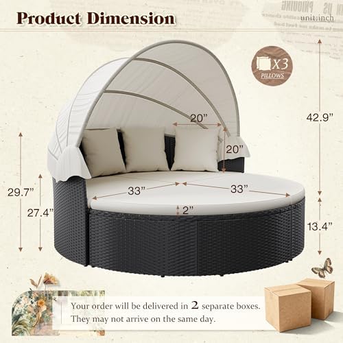 パティオ家具 屋外用ラウンドデイベッド 格納式キャノピー付き - Outdoor Furniture Rattan のレビューと価格