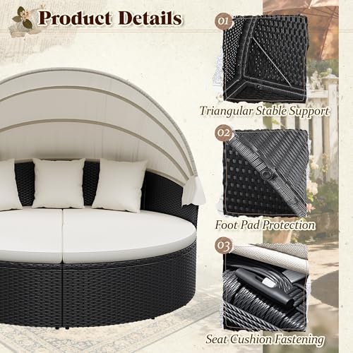 パティオ家具 屋外用ラウンドデイベッド 格納式キャノピー付き - Outdoor Furniture Rattan のレビューと価格