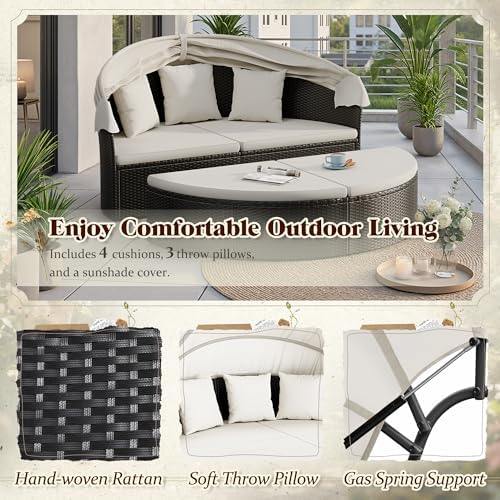 パティオ家具 屋外用ラウンドデイベッド 格納式キャノピー付き - Outdoor Furniture Rattan のレビューと価格