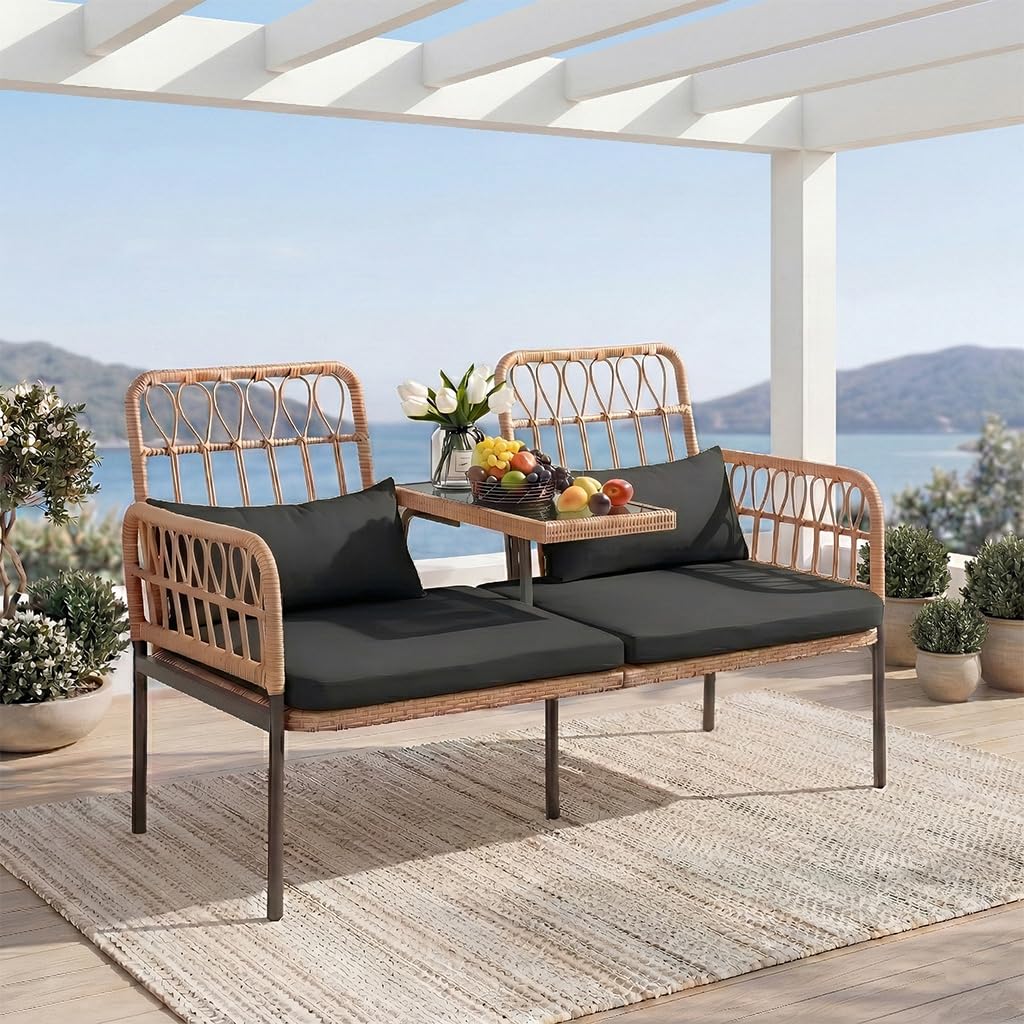 ラタン製二人掛けソファとガラステーブル、腰枕とクッション付き - Outdoor Furniture Rattan のレビューと価格
