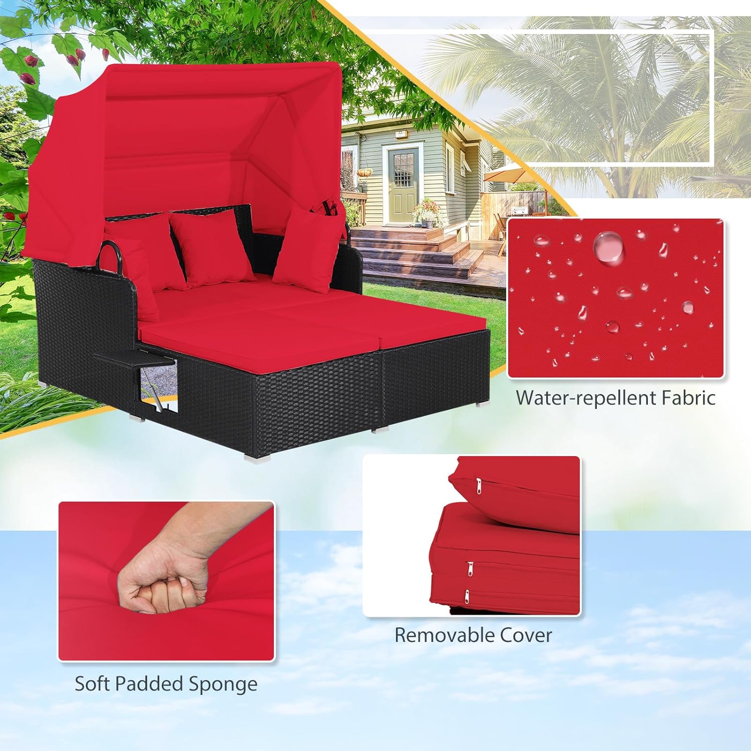 2人用ラタン製屋外デイベッド、キャノピー、クッション、枕4個 - Outdoor Furniture Rattan のレビューと価格