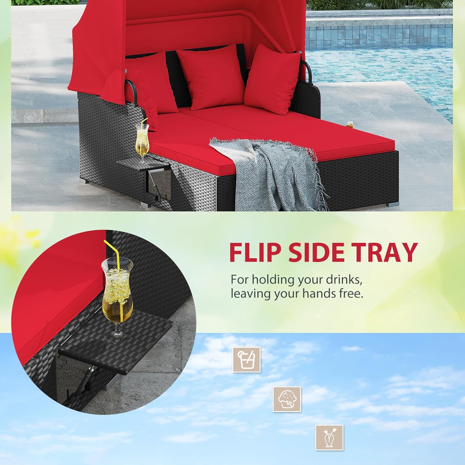 2人用ラタン製屋外デイベッド、キャノピー、クッション、枕4個 - Outdoor Furniture Rattan のレビューと価格